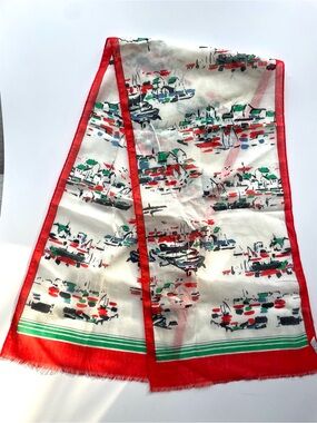Vintage Harbor Print Lightweight Scarf Red Trim Coastal Chic